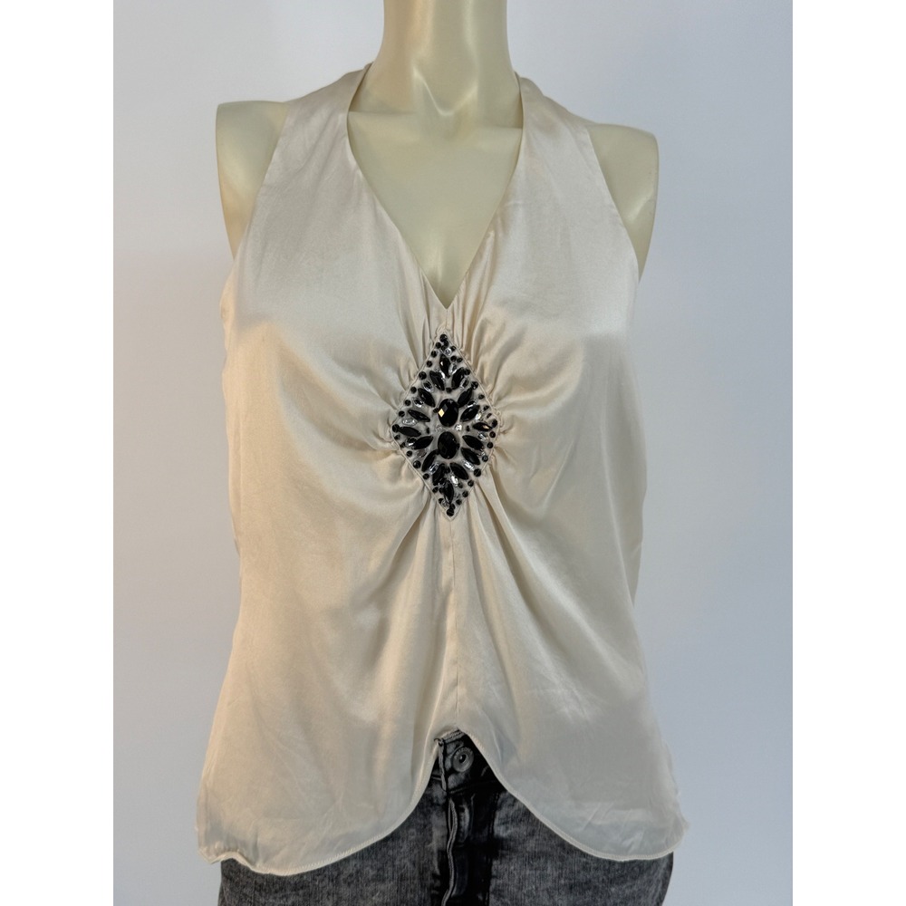 Y2K Champagne Silk Halter Top Beaded Crystal Embellished V-Neck Blouse